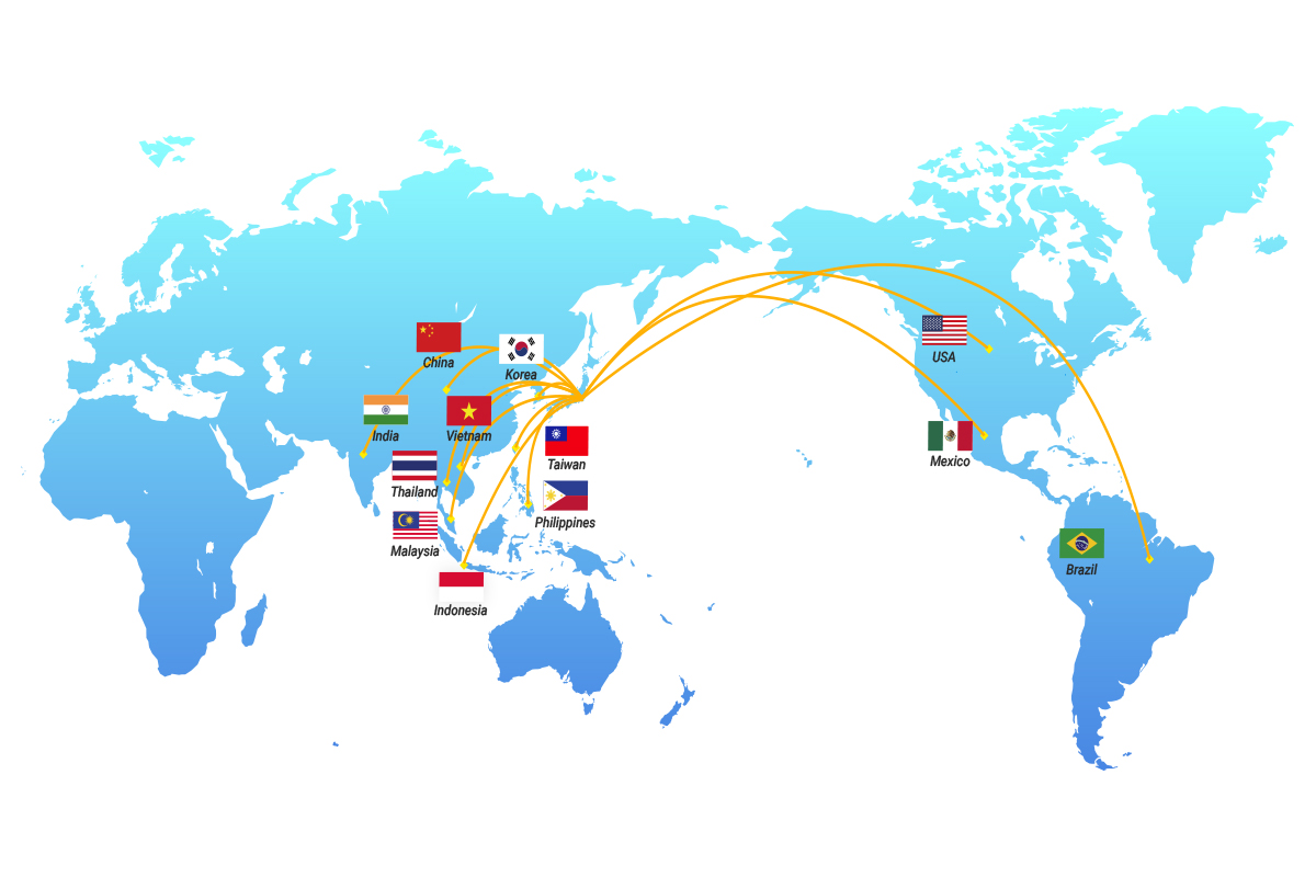 丸加化工機のグローバル展開図。アメリカ、メキシコ、ブラジルおよび中国、台湾、韓国、ベトナム、インド、フィリピン、インドネシア、マレーシア、タイに展開。